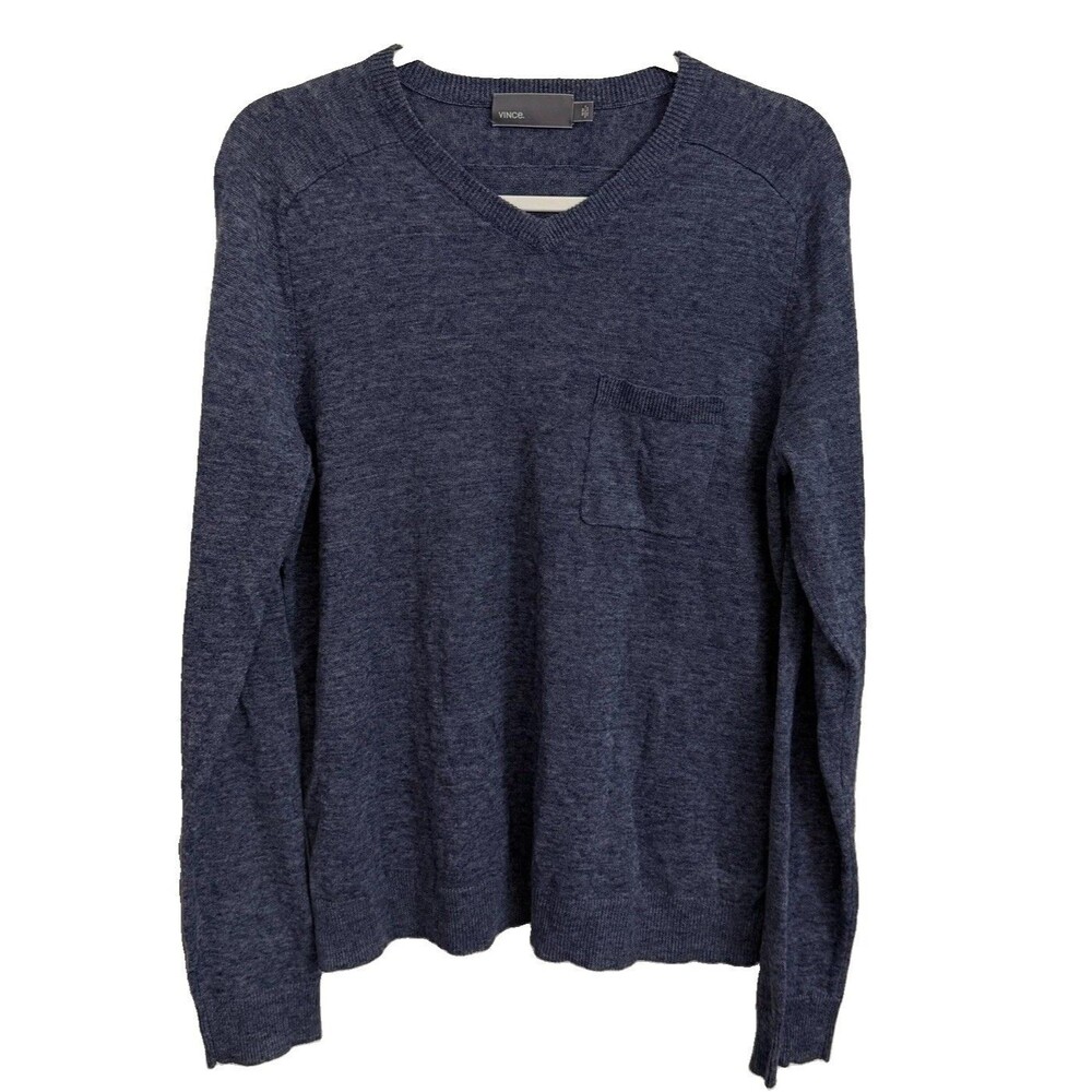 Vince Sweater Mens Medium Blue Linen Blend V-Neck Pocket Lightweight Pullover